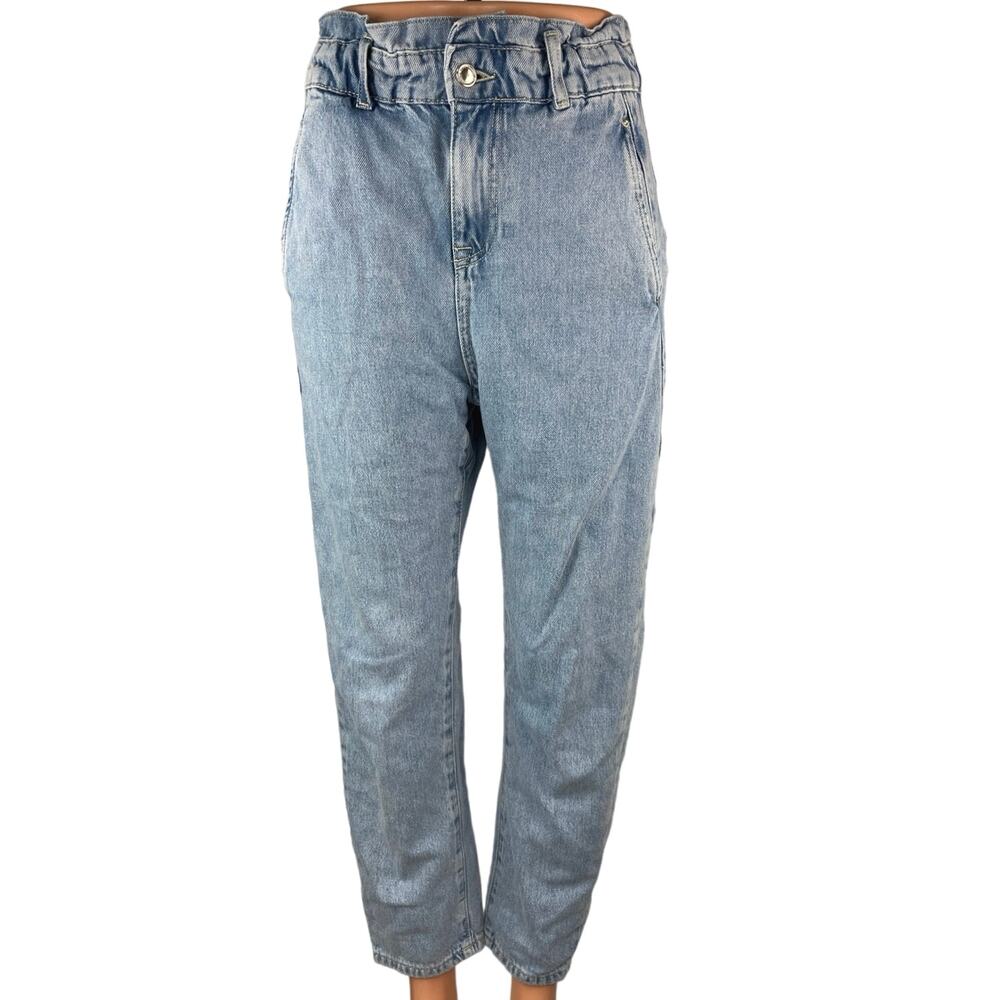 Zara Women's Blue Light Wash Paperbag Straight Leg High Rise Denim Jeans Size 0